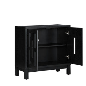 English Elm 31.5 Inch Mid Century Modern Sideboard with Carved Openwork Doors and Adjustable Interior Shelf Black W1801P467941