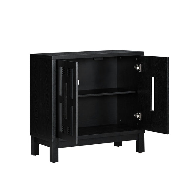 English Elm 31.5 Inch Mid Century Modern Sideboard with Carved Openwork Doors and Adjustable Interior Shelf Black W1801P467941