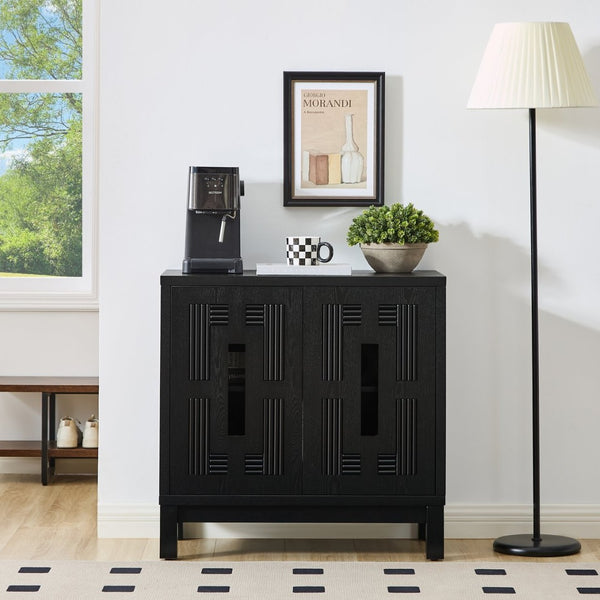 English Elm 31.5 Inch Mid Century Modern Sideboard with Carved Openwork Doors and Adjustable Interior Shelf Black W1801P467941