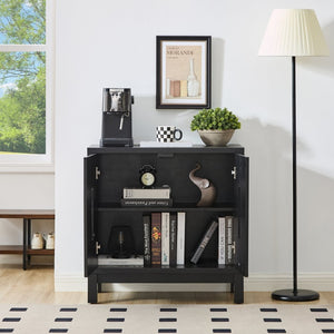 English Elm 31.5 Inch Mid Century Modern Sideboard with Carved Openwork Doors and Adjustable Interior Shelf Black W1801P467941
