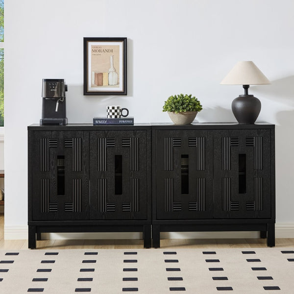 English Elm 31.5 Inch Mid Century Modern Sideboard with Carved Openwork Doors and Adjustable Interior Shelf Black W1801P467941