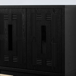 English Elm 31.5 Inch Mid Century Modern Sideboard with Carved Openwork Doors and Adjustable Interior Shelf Black W1801P467941