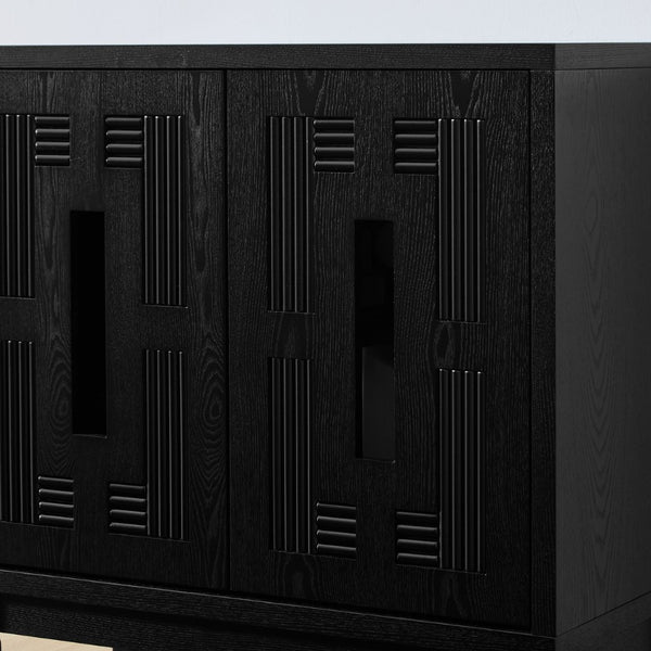 English Elm 31.5 Inch Mid Century Modern Sideboard with Carved Openwork Doors and Adjustable Interior Shelf Black W1801P467941