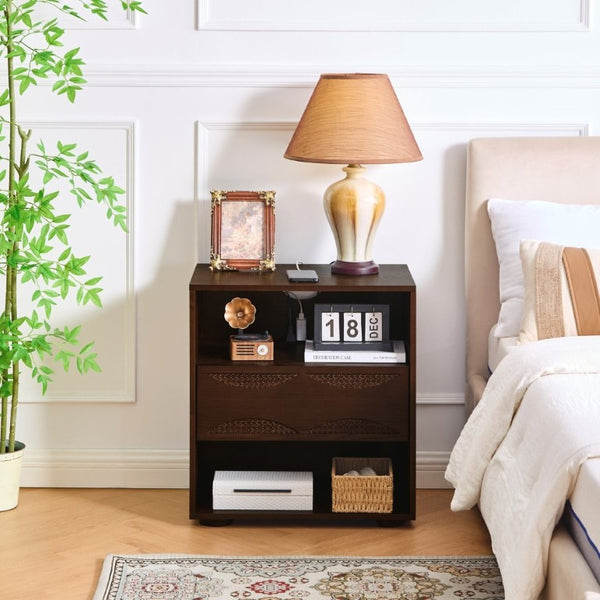 English Elm Mid Century Rattan Drawer Nightstand with USB Charging Open Shelves Solid Wood Legs Walnut W1801P476911