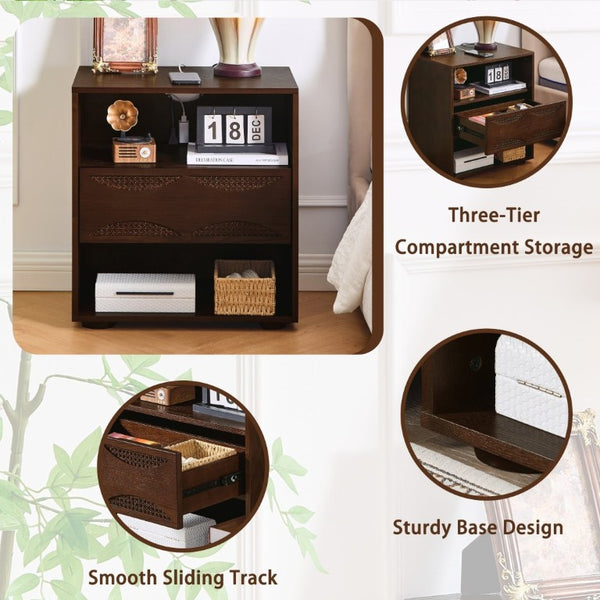 English Elm Mid Century Rattan Drawer Nightstand with USB Charging Open Shelves Solid Wood Legs Walnut W1801P476911