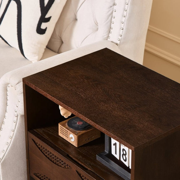 English Elm Mid Century Rattan Drawer Nightstand with USB Charging Open Shelves Solid Wood Legs Walnut W1801P476911