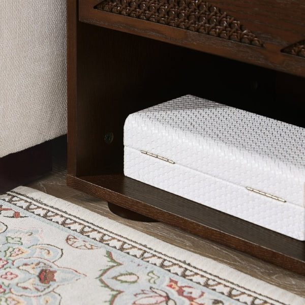 English Elm Mid Century Rattan Drawer Nightstand with USB Charging Open Shelves Solid Wood Legs Walnut W1801P476911