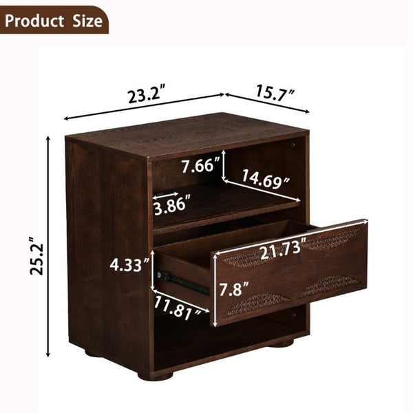 English Elm Mid Century Rattan Drawer Nightstand with USB Charging Open Shelves Solid Wood Legs Walnut W1801P476911