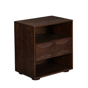 English Elm Mid Century Rattan Drawer Nightstand with USB Charging Open Shelves Solid Wood Legs Walnut W1801P476911