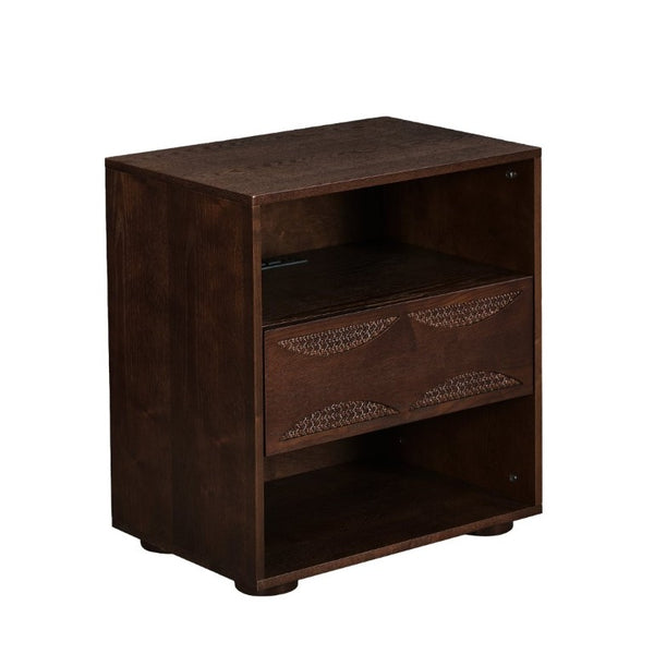 English Elm Mid Century Rattan Drawer Nightstand with USB Charging Open Shelves Solid Wood Legs Walnut W1801P476911