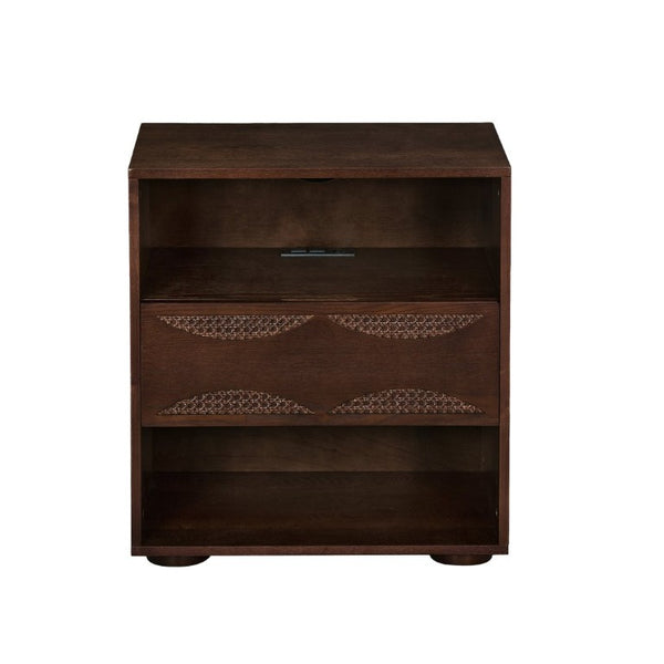 English Elm Mid Century Rattan Drawer Nightstand with USB Charging Open Shelves Solid Wood Legs Walnut W1801P476911