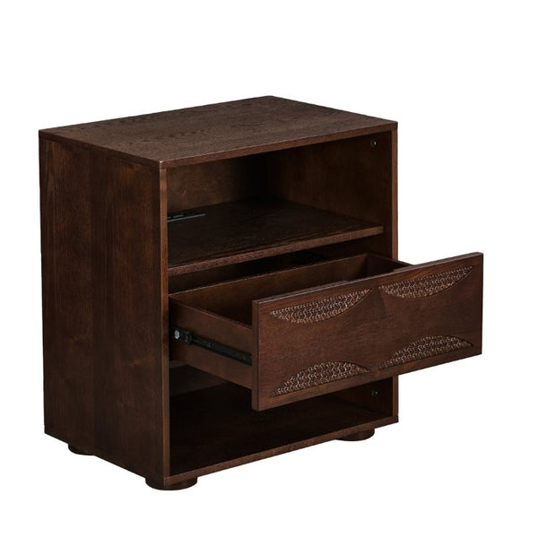 English Elm Mid Century Rattan Drawer Nightstand with USB Charging Open Shelves Solid Wood Legs Walnut W1801P476911