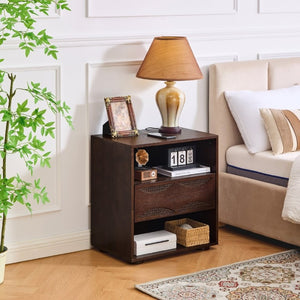 English Elm Mid Century Rattan Drawer Nightstand with USB Charging Open Shelves Solid Wood Legs Walnut W1801P476911