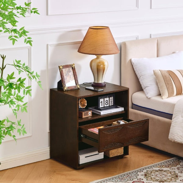 English Elm Mid Century Rattan Drawer Nightstand with USB Charging Open Shelves Solid Wood Legs Walnut W1801P476911