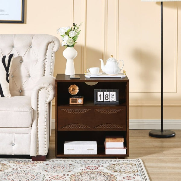 English Elm Mid Century Rattan Drawer Nightstand with USB Charging Open Shelves Solid Wood Legs Walnut W1801P476911