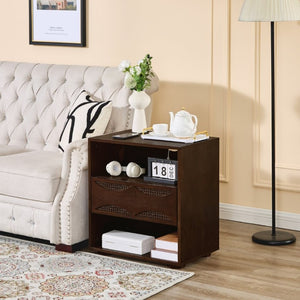 English Elm Mid Century Rattan Drawer Nightstand with USB Charging Open Shelves Solid Wood Legs Walnut W1801P476911