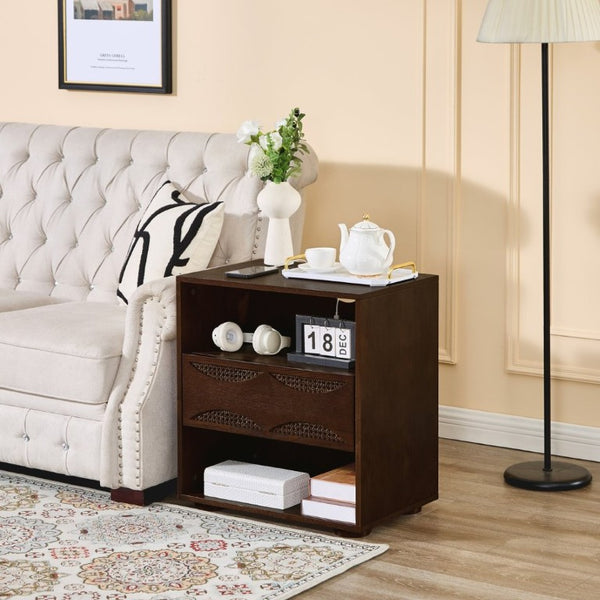 English Elm Mid Century Rattan Drawer Nightstand with USB Charging Open Shelves Solid Wood Legs Walnut W1801P476911