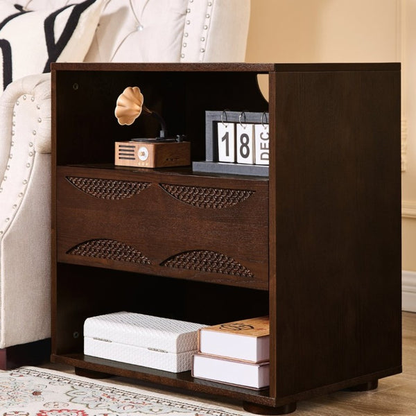 English Elm Mid Century Rattan Drawer Nightstand with USB Charging Open Shelves Solid Wood Legs Walnut W1801P476911