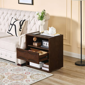 English Elm Mid Century Rattan Drawer Nightstand with USB Charging Open Shelves Solid Wood Legs Walnut W1801P476911