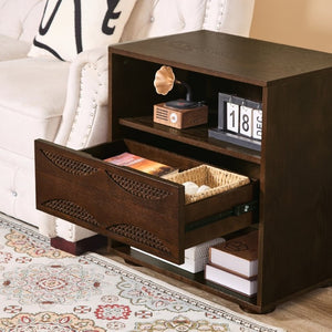English Elm Mid Century Rattan Drawer Nightstand with USB Charging Open Shelves Solid Wood Legs Walnut W1801P476911