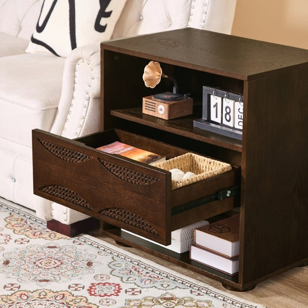 English Elm Mid Century Rattan Drawer Nightstand with USB Charging Open Shelves Solid Wood Legs Walnut W1801P476911