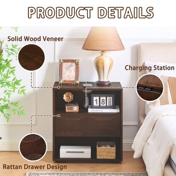 English Elm Mid Century Rattan Drawer Nightstand with USB Charging Open Shelves Solid Wood Legs Walnut W1801P476911