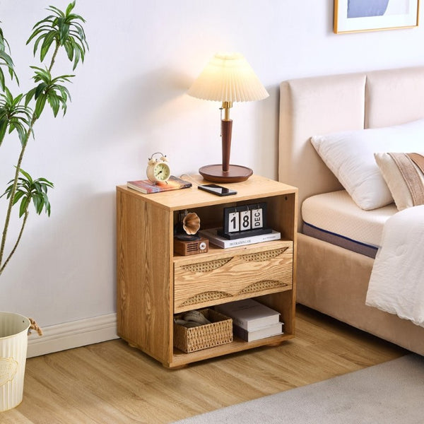 English Elm Mid Century Rattan Drawer Nightstand with USB Charging Open Shelves Solid Wood Legs Natural W1801P476912