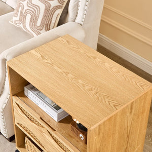 English Elm Mid Century Rattan Drawer Nightstand with USB Charging Open Shelves Solid Wood Legs Natural W1801P476912