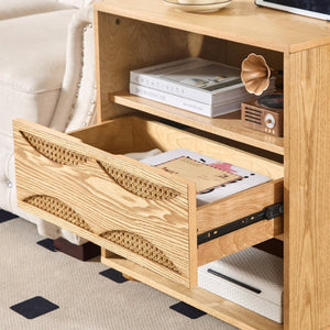 English Elm Mid Century Rattan Drawer Nightstand with USB Charging Open Shelves Solid Wood Legs Natural W1801P476912