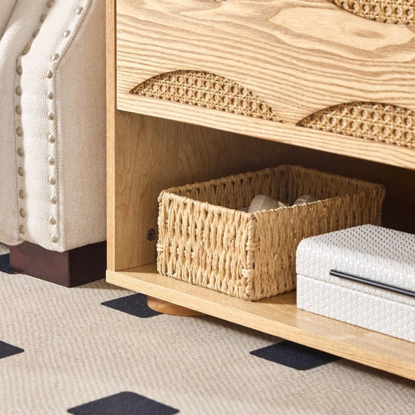 English Elm Mid Century Rattan Drawer Nightstand with USB Charging Open Shelves Solid Wood Legs Natural W1801P476912