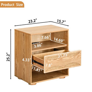 English Elm Mid Century Rattan Drawer Nightstand with USB Charging Open Shelves Solid Wood Legs Natural W1801P476912