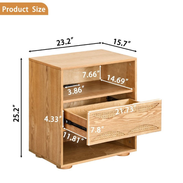 English Elm Mid Century Rattan Drawer Nightstand with USB Charging Open Shelves Solid Wood Legs Natural W1801P476912