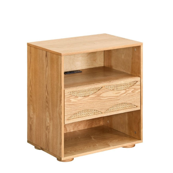 English Elm Mid Century Rattan Drawer Nightstand with USB Charging Open Shelves Solid Wood Legs Natural W1801P476912