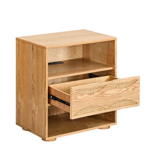English Elm Mid Century Rattan Drawer Nightstand with USB Charging Open Shelves Solid Wood Legs Natural W1801P476912
