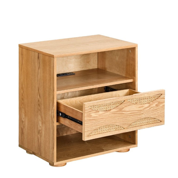 English Elm Mid Century Rattan Drawer Nightstand with USB Charging Open Shelves Solid Wood Legs Natural W1801P476912