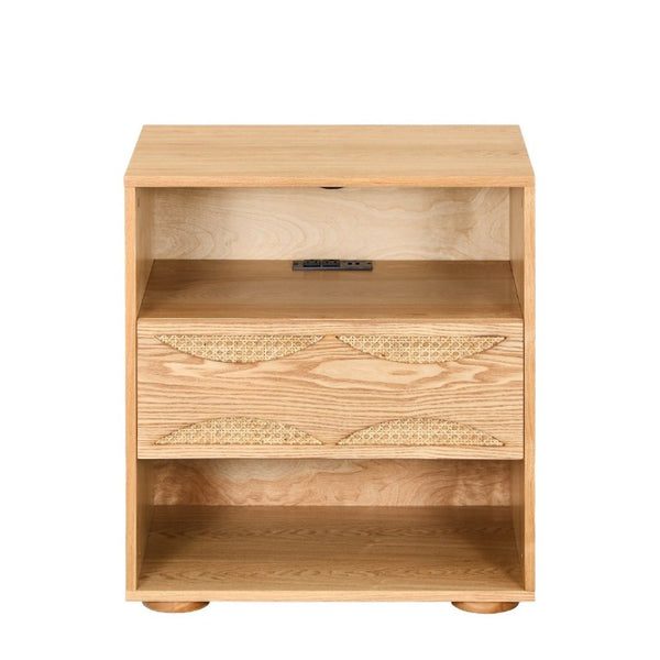 English Elm Mid Century Rattan Drawer Nightstand with USB Charging Open Shelves Solid Wood Legs Natural W1801P476912