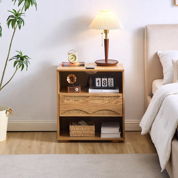 English Elm Mid Century Rattan Drawer Nightstand with USB Charging Open Shelves Solid Wood Legs Natural W1801P476912
