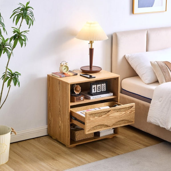 English Elm Mid Century Rattan Drawer Nightstand with USB Charging Open Shelves Solid Wood Legs Natural W1801P476912