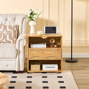 English Elm Mid Century Rattan Drawer Nightstand with USB Charging Open Shelves Solid Wood Legs Natural W1801P476912