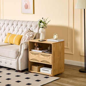 English Elm Mid Century Rattan Drawer Nightstand with USB Charging Open Shelves Solid Wood Legs Natural W1801P476912
