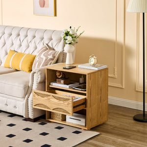English Elm Mid Century Rattan Drawer Nightstand with USB Charging Open Shelves Solid Wood Legs Natural W1801P476912