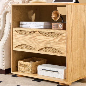 English Elm Mid Century Rattan Drawer Nightstand with USB Charging Open Shelves Solid Wood Legs Natural W1801P476912