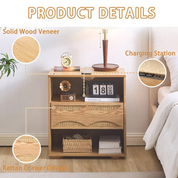 English Elm Mid Century Rattan Drawer Nightstand with USB Charging Open Shelves Solid Wood Legs Natural W1801P476912
