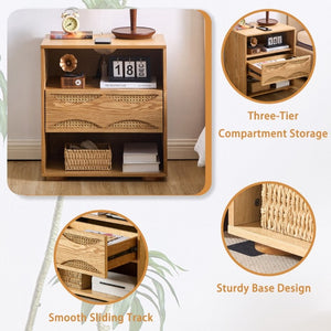 English Elm Mid Century Rattan Drawer Nightstand with USB Charging Open Shelves Solid Wood Legs Natural W1801P476912