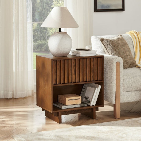 English Elm 23.4 Mid-Century Slat Drawer Nightstand with Built-In USB Charging Open Shelf Walnut Tone Walnut W1801P476914