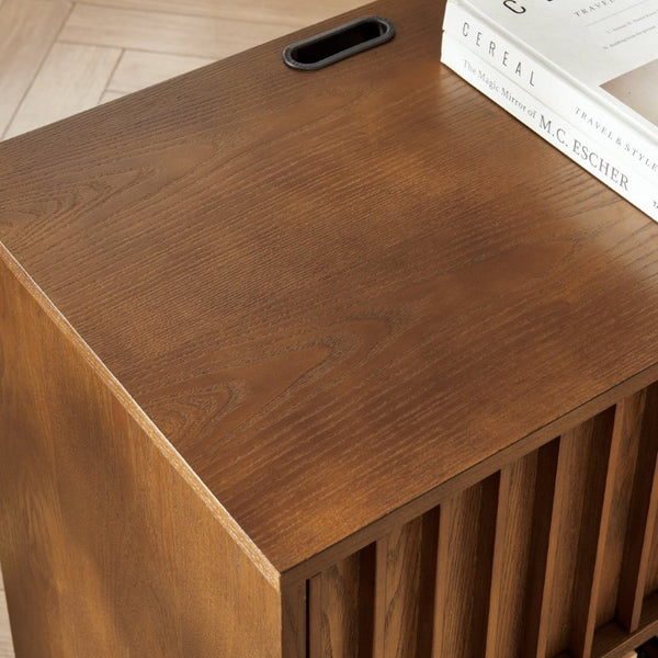 English Elm 23.4 Mid-Century Slat Drawer Nightstand with Built-In USB Charging Open Shelf Walnut Tone Walnut W1801P476914