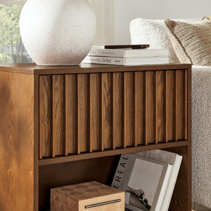 English Elm 23.4 Mid-Century Slat Drawer Nightstand with Built-In USB Charging Open Shelf Walnut Tone Walnut W1801P476914