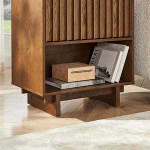 English Elm 23.4 Mid-Century Slat Drawer Nightstand with Built-In USB Charging Open Shelf Walnut Tone Walnut W1801P476914