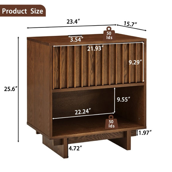 English Elm 23.4 Mid-Century Slat Drawer Nightstand with Built-In USB Charging Open Shelf Walnut Tone Walnut W1801P476914