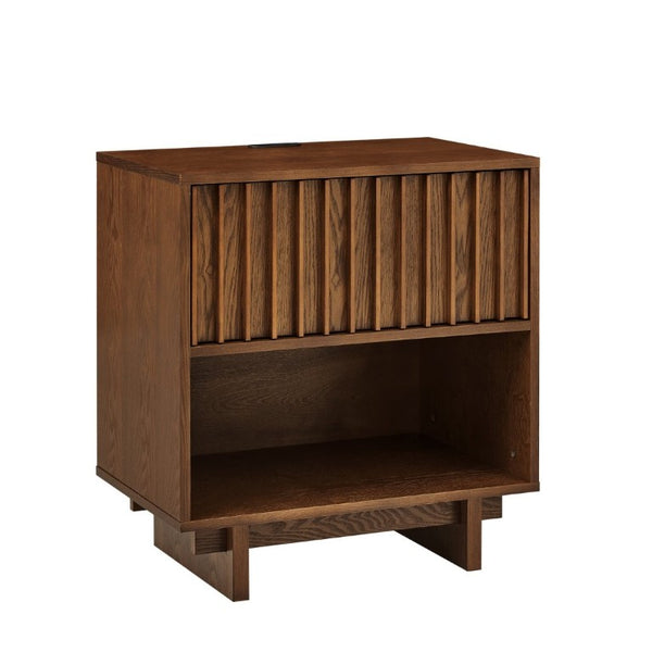 English Elm 23.4 Mid-Century Slat Drawer Nightstand with Built-In USB Charging Open Shelf Walnut Tone Walnut W1801P476914